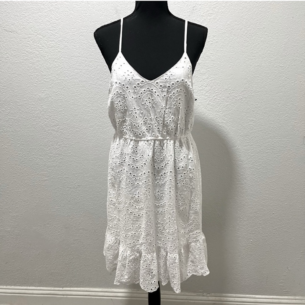 Japna White Eyelet Lined Smocked Back Ruffle Hem Sundress